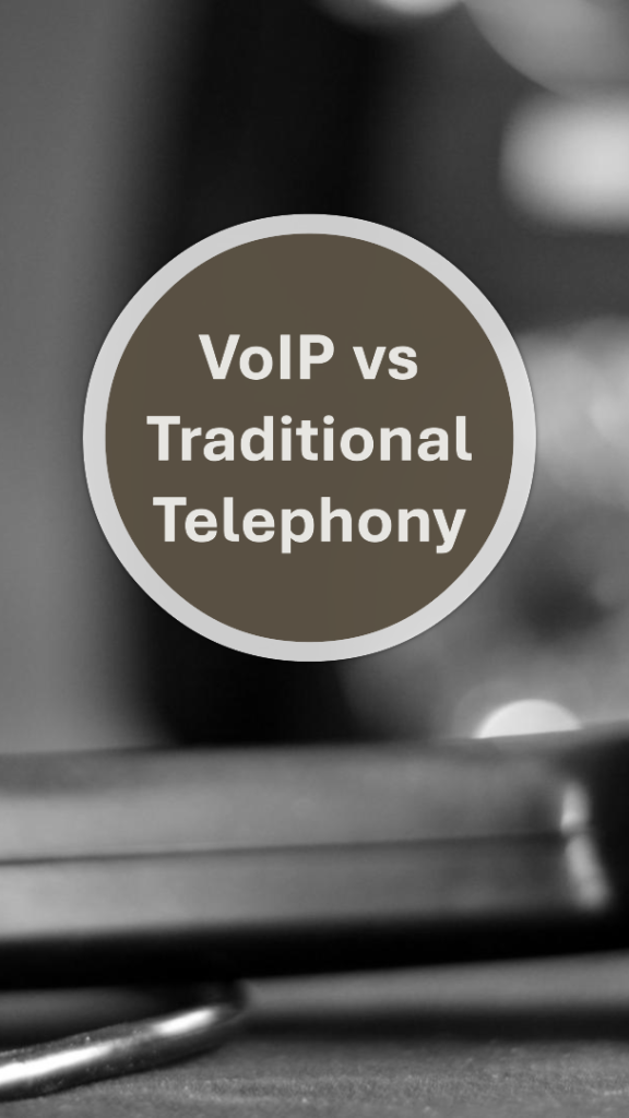 Image showing a traditional telephone on one side and a modern VoIP setup on the other.