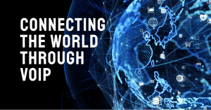 A globe with interconnected nodes representing global VoIP communication.
