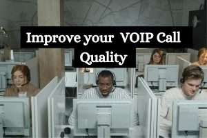 A modern collaborative workspace illustration with professionals on VoIP calls, using laptops and smartphones, surrounded by symbols of strong Wi-Fi and network connectivity, in a clean, light blue and white color scheme, designed for easy customization in Canva."