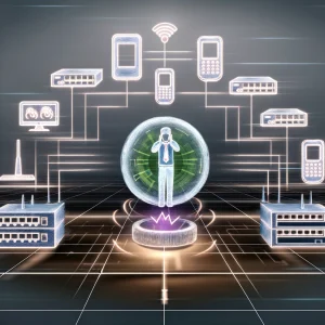 Illustration of a network engineer monitoring internet connectivity metrics for VoIP stability, surrounded by essential networking equipment, with symbols indicating the importance of a reliable internet connection for high-quality communication."