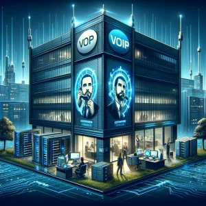 "Illustration of a reputable VoIP provider's office building with a visible logo, showcasing a team of professionals and advanced technological infrastructure, highlighting reliability, expertise, and dedication to customer satisfaction
