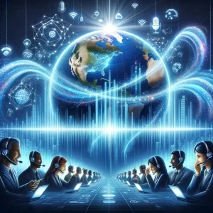 "Illustration of VoIP quality service with clear sound waves from a handset encircling a globe, showing people worldwide communicating smoothly over headsets, backed by symbols of technology for superior call quality and satisfaction