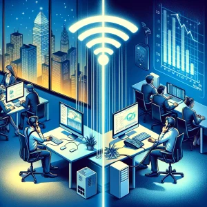 Illustration of a professional setting comparing wired and wireless VoIP connections: one employee faces call disruptions under a weak Wi-Fi signal, while another enjoys high-quality calls via an Ethernet cable, highlighting the benefits of wired connections."