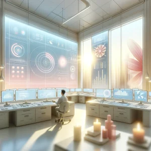 Serene control room illustration with a network engineer analyzing VoIP performance metrics on white monitors, set against a soft palette of pink, white, lemon yellow, and light blue, emphasizing tranquility in technology management."