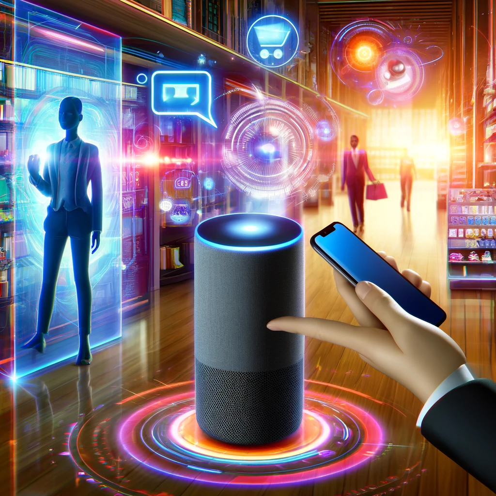 Customers using voice-activated devices in a futuristic retail setting, with one speaking to a smart speaker and another using a smartphone, surrounded by digital and holographic displays.