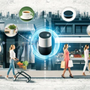 Diverse urban retail scene with customers using voice commands for shopping, including fashion, groceries, and coffee, facilitated by smart devices.