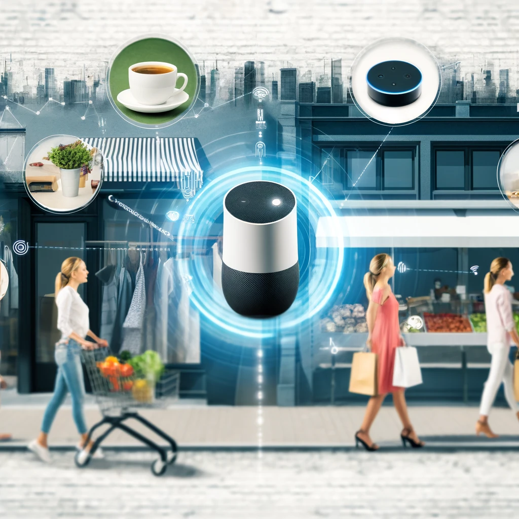 Diverse urban retail scene with customers using voice commands for shopping, including fashion, groceries, and coffee, facilitated by smart devices.