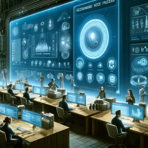 Modern ecommerce operation center with employees using voice command systems and monitoring a large digital dashboard