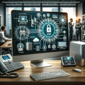 Illustration of a shield protecting a VoIP phone system, symbolizing security against threats.