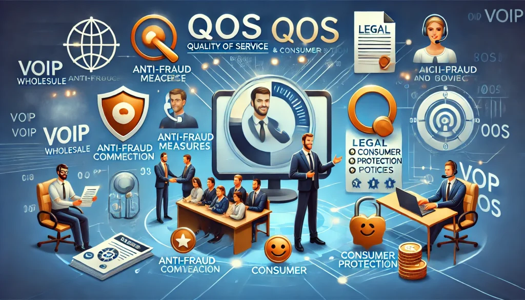 The image depicting quality of service (QoS) and consumer protection in VoIP wholesale has been created. If you need further adjustments or any additional elements, please let me know!