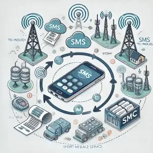 Illustration of SMS technology showing the process of sending and receiving messages.