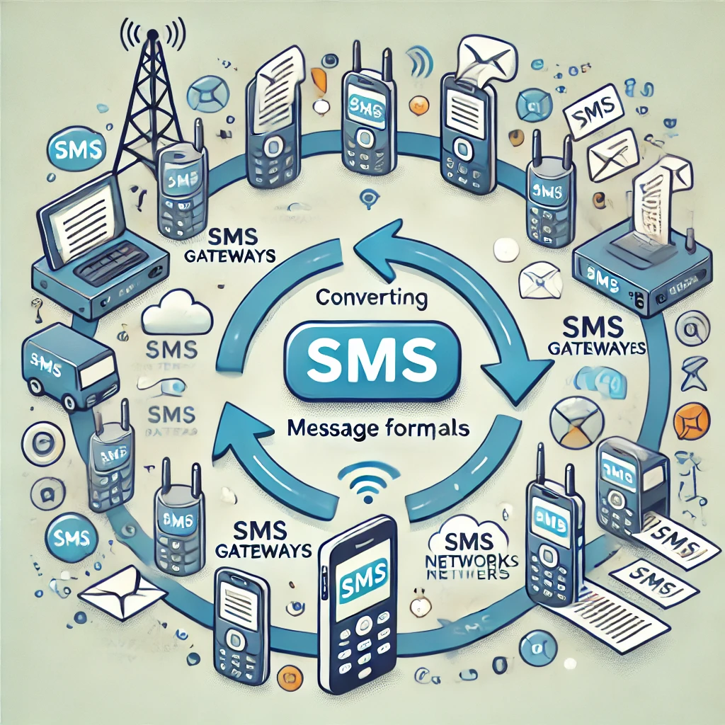 Illustration of SMS technology showing the process of sending and receiving messages.