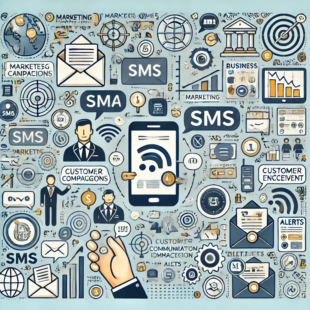 Illustration of SMS technology showing the process of sending and receiving messages.