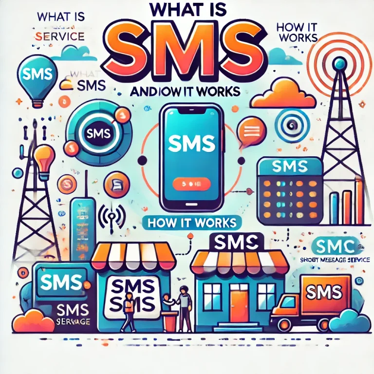 A detailed graphic depicting the flow of SMS from the sender to the recipient through cell towers and the SMSC.