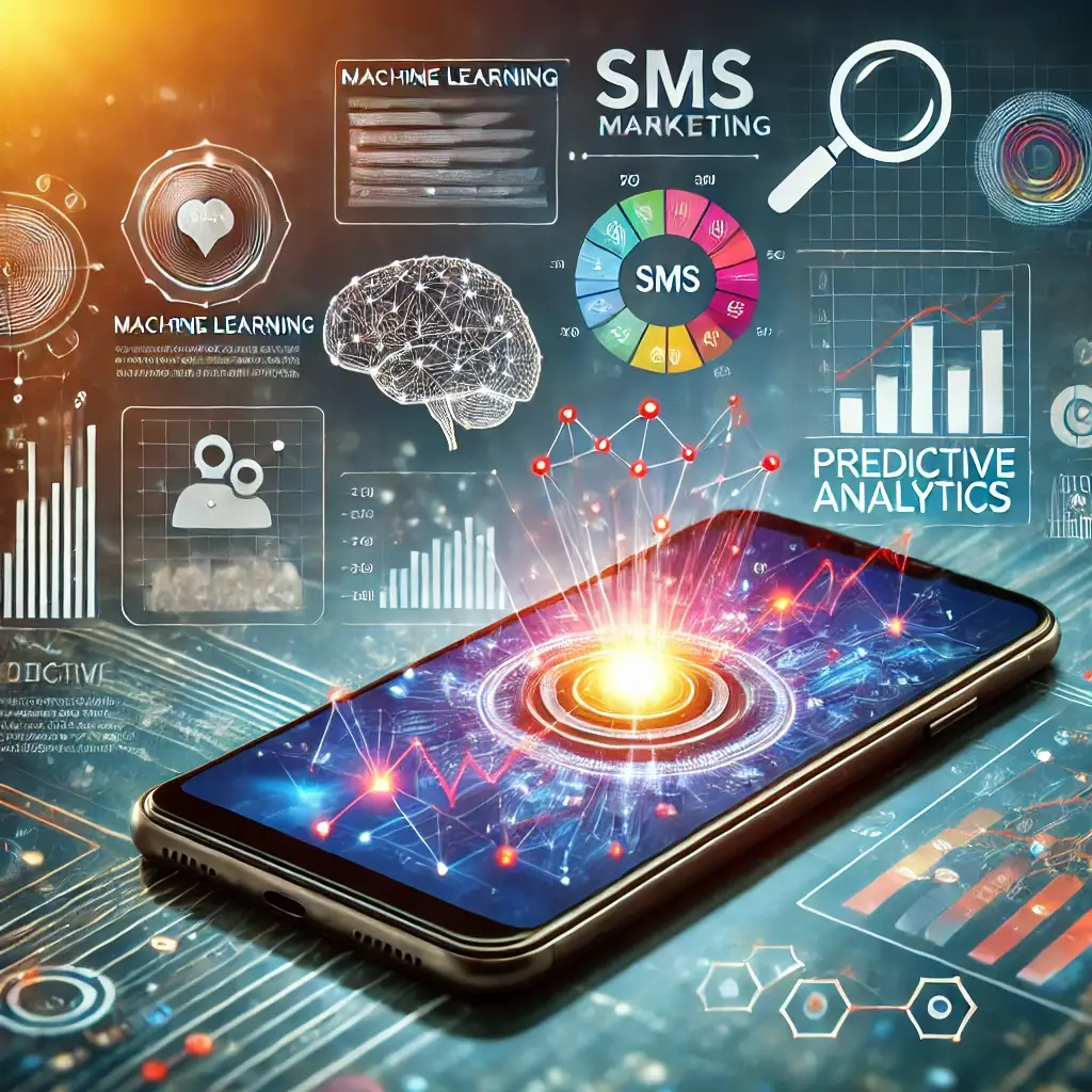 AI in SMS Marketing" - An image depicting AI-driven SMS marketing strategies, highlighting key elements such as chatbots, personalization, and predictive analytics.