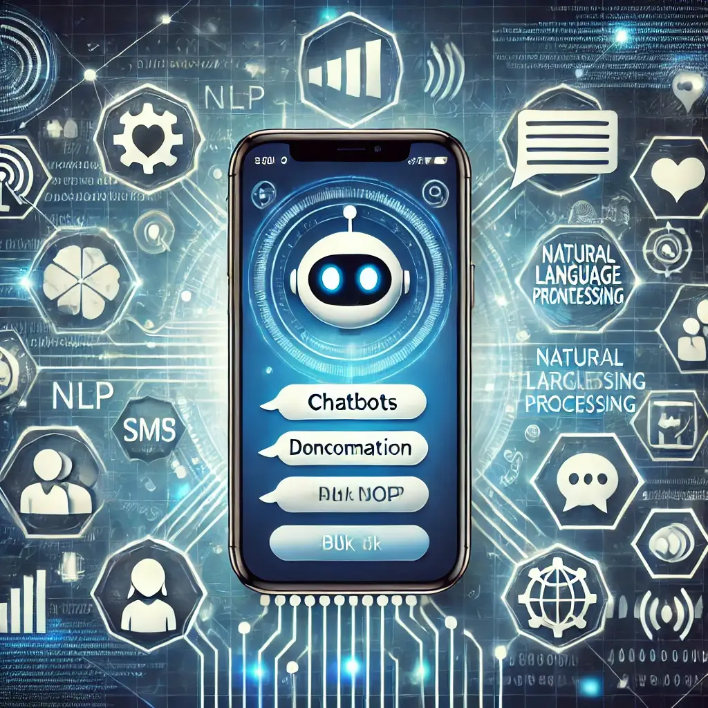 AI in SMS Marketing" - An image depicting AI-driven SMS marketing strategies, highlighting key elements such as chatbots, personalization, and predictive analytics.