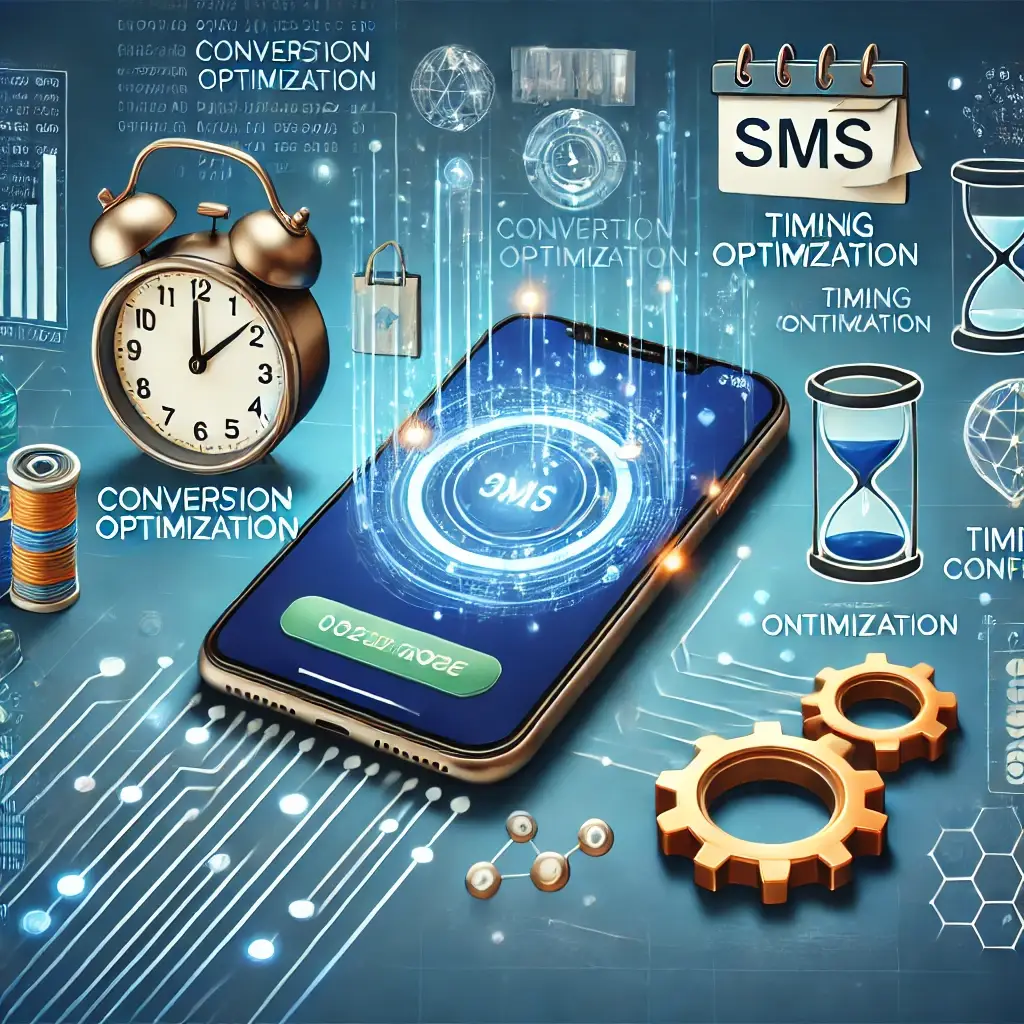 AI in SMS Marketing" - An image depicting AI-driven SMS marketing strategies, highlighting key elements such as chatbots, personalization, and predictive analytics.