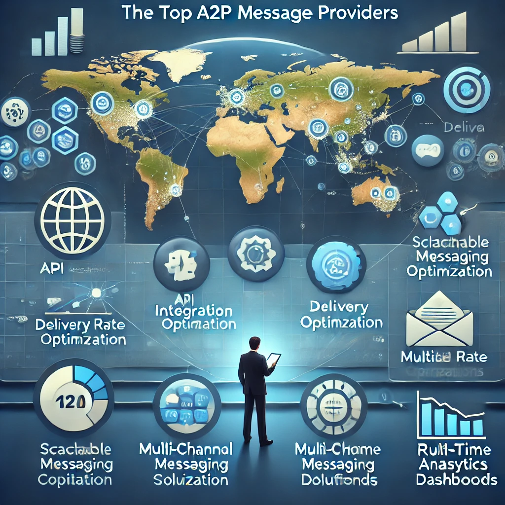 Image showcasing global SMS coverage and API integration capabilities offered by top A2P message providers.