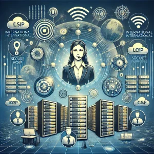 Illustration of international VoIP provider, showcasing reliability, cost, features, and legal compliance.