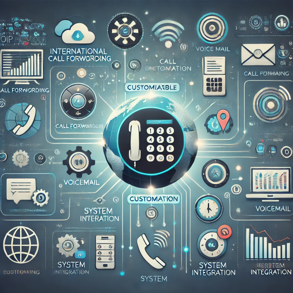 Illustration of international VoIP provider, showcasing reliability, cost, features, and legal compliance.