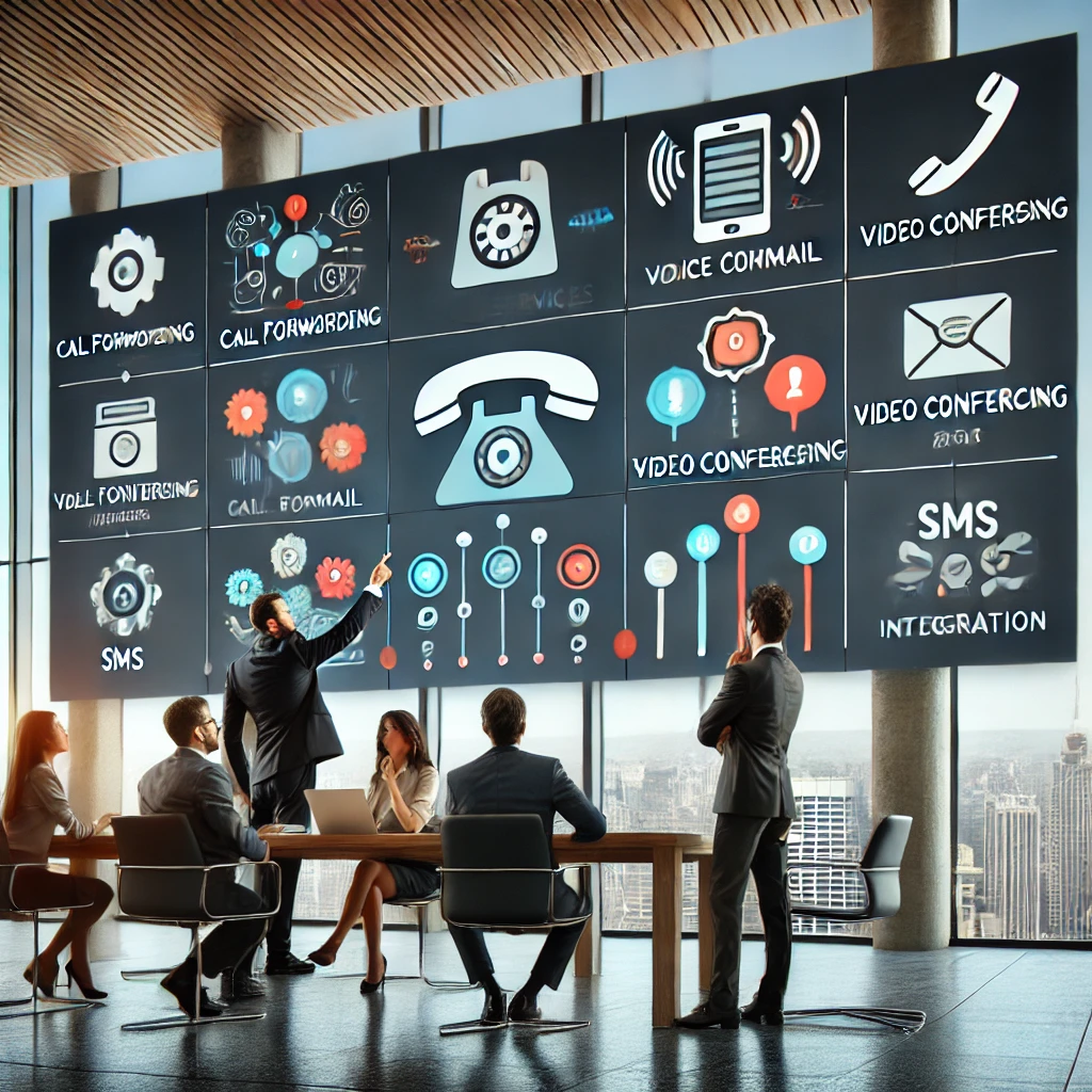 A group of business professionals in a modern office setting evaluating features and services of VoIP providers. The scene includes a large screen displaying a comparison chart of features such as call forwarding, voicemail, video conferencing, and SMS integration. Professionals are pointing at the chart and discussing.