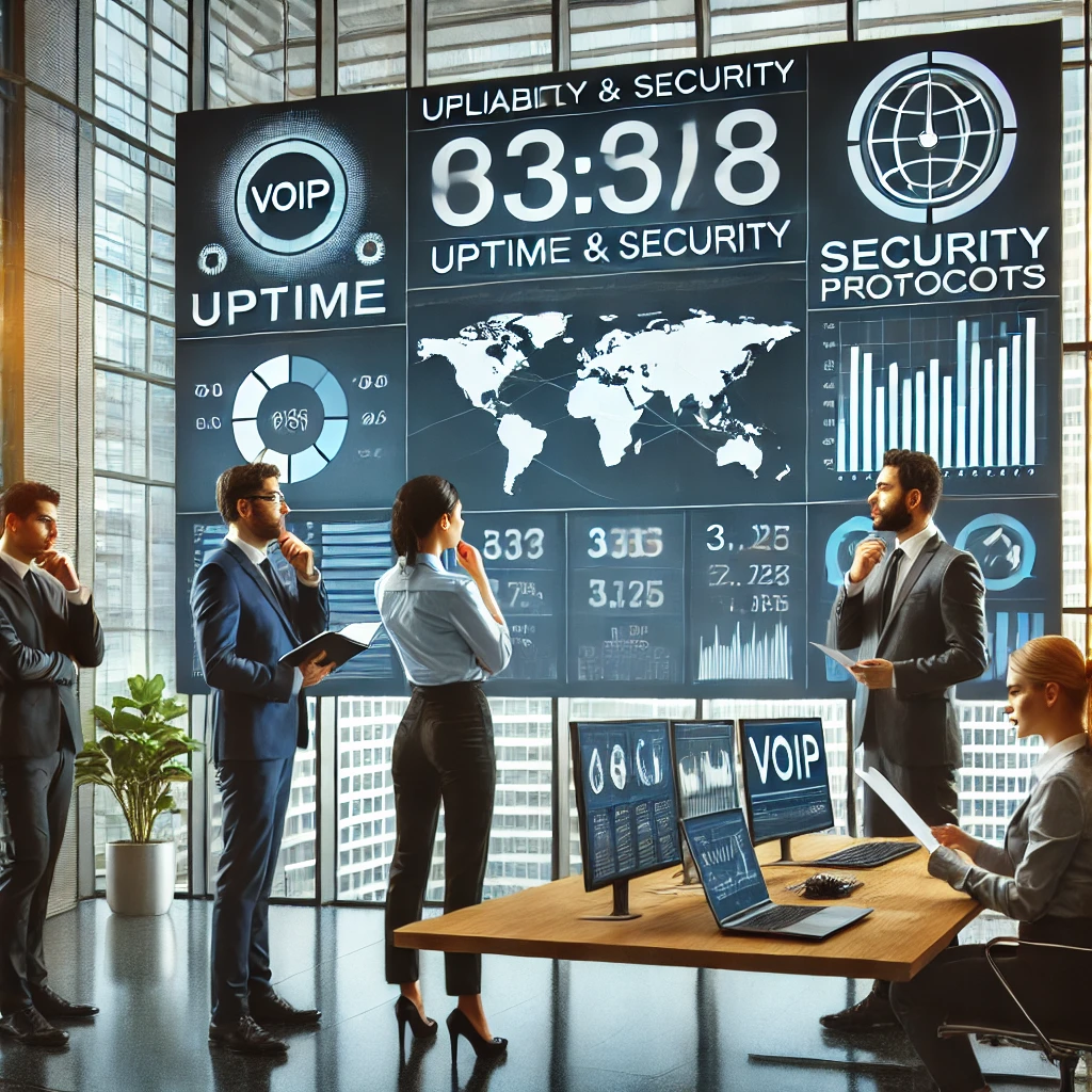 Business professionals in a modern office setting checking the reliability and security of VoIP providers. The scene includes a large screen displaying uptime statistics and security protocols. Professionals are analyzing the data on laptops and discussing security measures, with charts and graphs visible in the background.