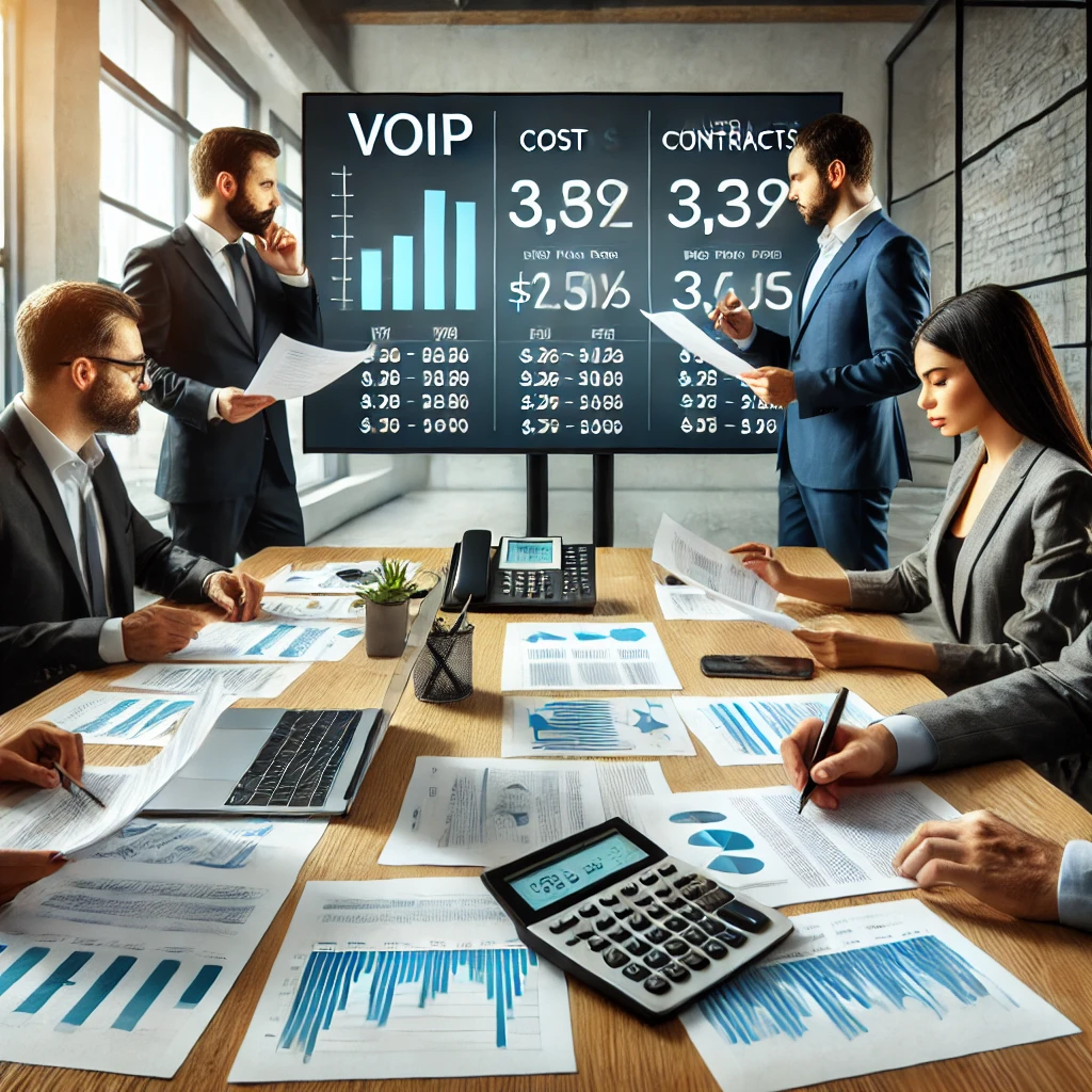 Business professionals in a modern office setting checking the reliability and security of VoIP providers. The scene includes a large screen displaying uptime statistics and security protocols. Professionals are analyzing the data on laptops and discussing security measures, with charts and graphs visible in the background.