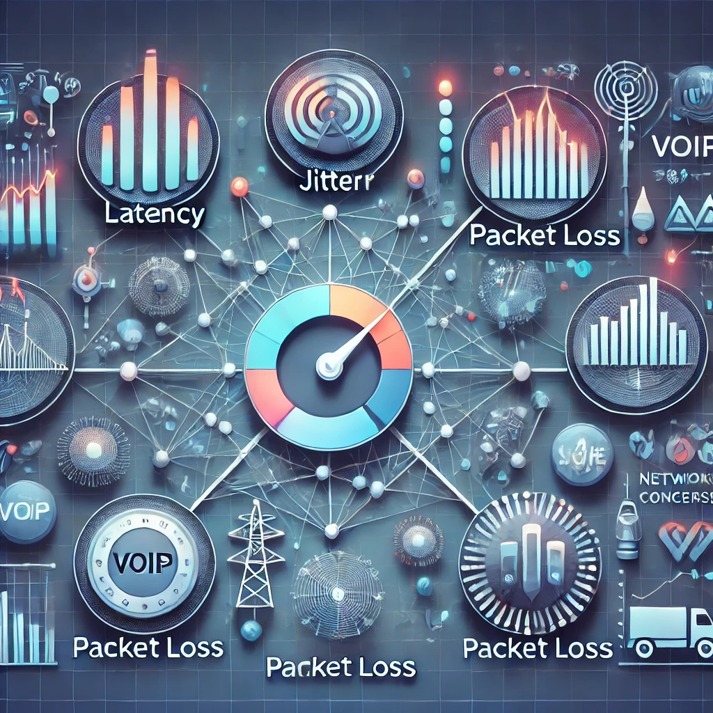 image that illustrates the key factors affecting VoIP call quality, such as latency, jitter, packet loss, and network congestion. I