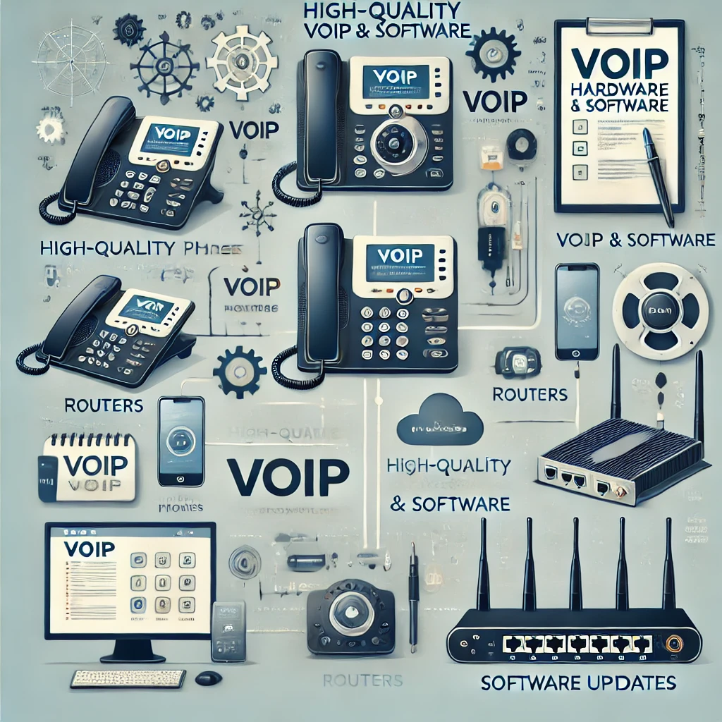 image illustrating the importance of VoIP Hardware and Software, including examples of high-quality VoIP phones, routers, and software interfaces, along with tips for choosing the right hardware and the importance of regular software updates.